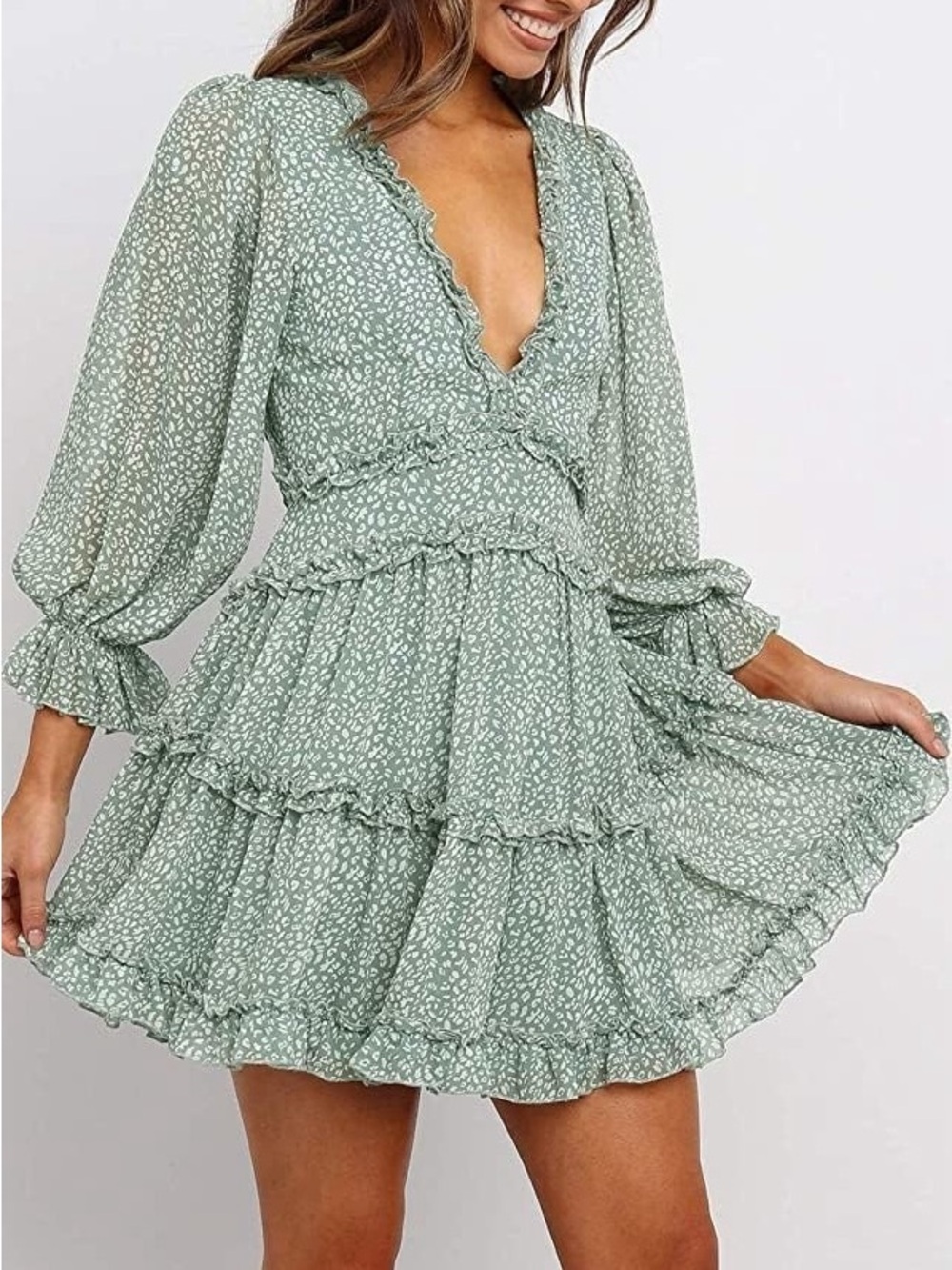 Sage Ruffle Mini Dress